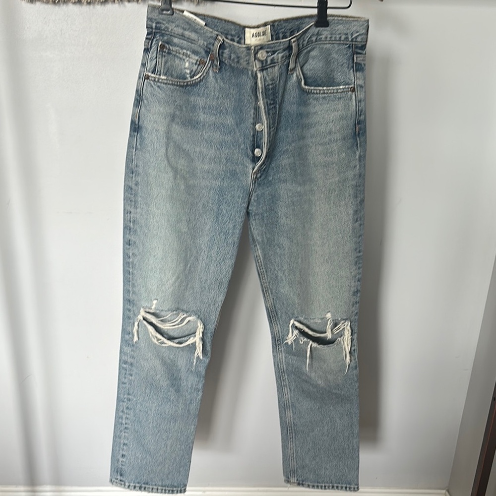 Agolde Riley High Rise Blue Distressed Jeans - Picture 3 of 7